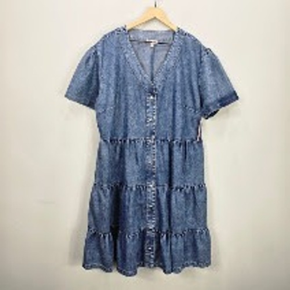 Mini Dress 2XL‎ Chambray Babydoll Tiered Puff Sleeve Cottagecore Country NWT